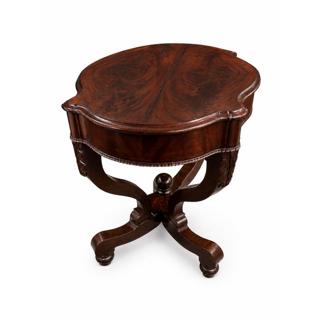 Restored Burled Wood Oval Center Table With Bookmatched Top & Scrolled Pedestal Base For Sale - Image 4 of 8