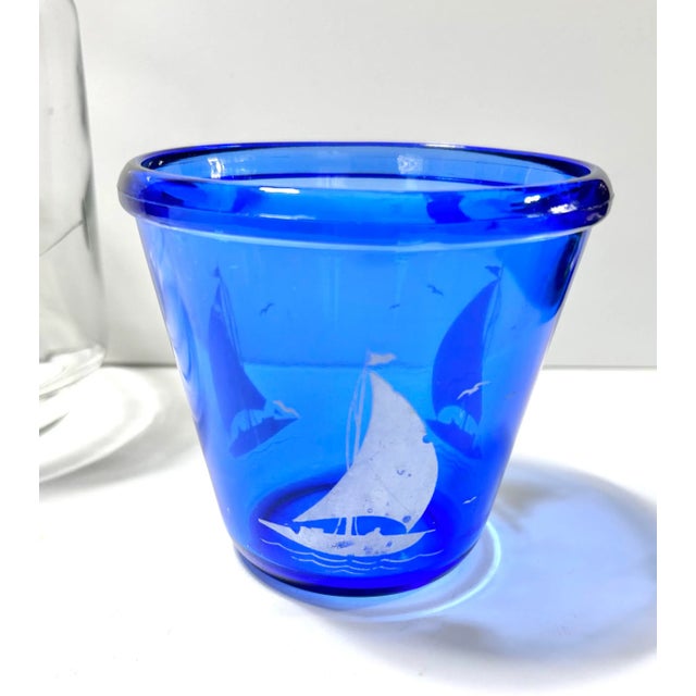 Vintage Etched Sailing Ship Glass Decanter With Cobalt Nautical Bar Bowl For Sale - Image 4 of 9