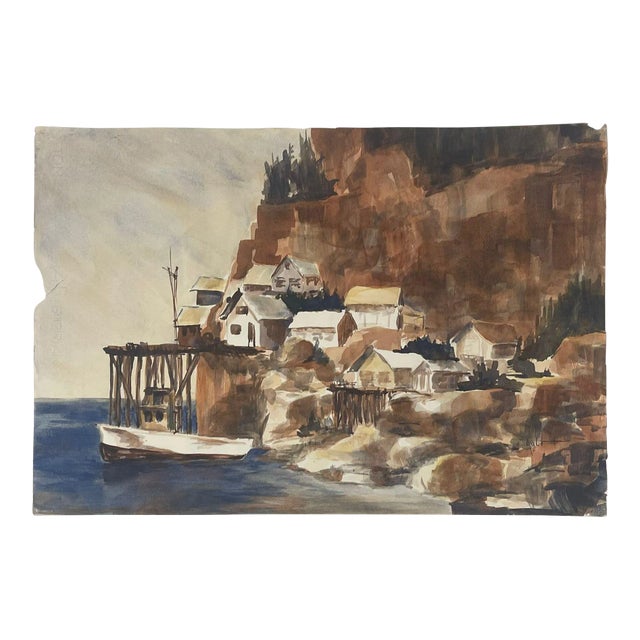 Vintage Landscape Original Signed Artwork of Coastal Town. For Sale