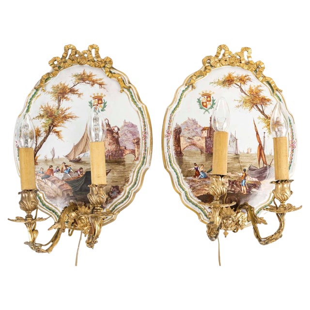 Napoleon III Wall Sconces in Porcelain and Gilt Bronze, Set of 2 For Sale