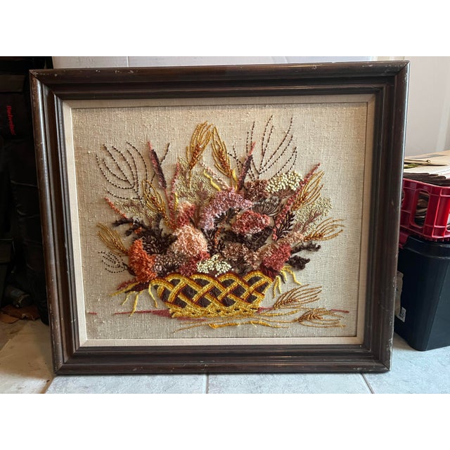 Mid 20th Century Floral Crewel Embroidered Yarn Art, Framed For Sale In West Palm - Image 6 of 7