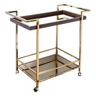 Leather Wrapped Tray With Smoked Mirror Bar Cart For Sale