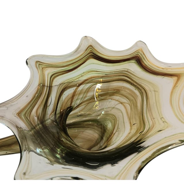 Large Art Glass Swan Vase Green Brown Swirl Handblown Mid-Century Modern Sooner Glass For Sale - Image 12 of 16