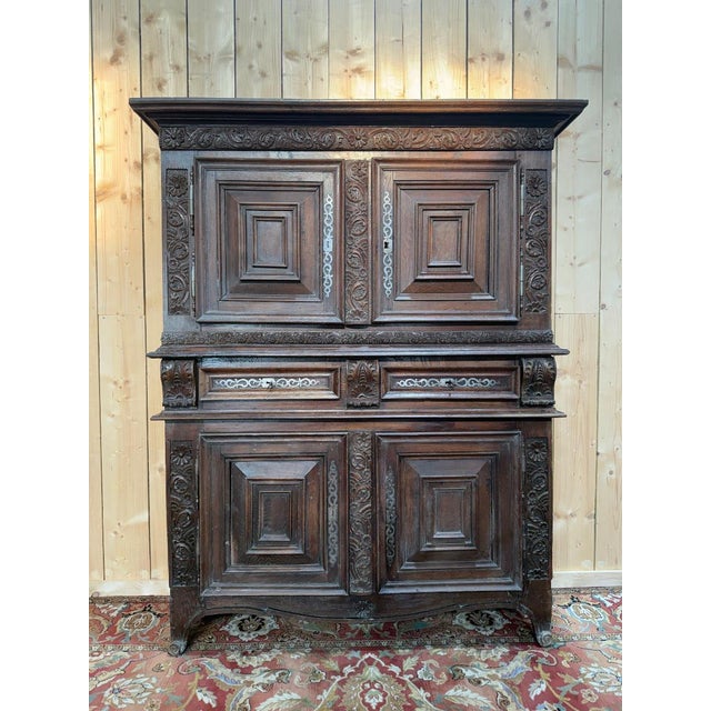 Gold Renaissance Two-Part Cabinet in Carved Oak For Sale - Image 8 of 8