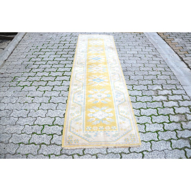 1960s Floral Design Beige-Yellow Handmade Runner Rug For Sale - Image 11 of 11