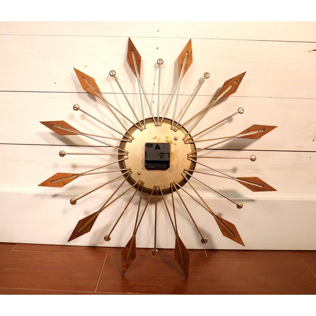 Vintage Mid Century Welby Wood Starbust Wall Clock 50's 60's Modern Retro Gold For Sale - Image 6 of 8