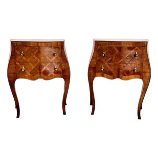 Pair of Italian Bombe Commodini W Geometric Marquetry and Brass Hardware, 1950s For Sale