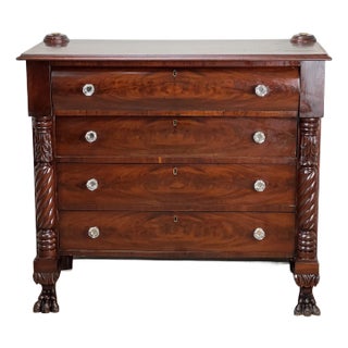 Antique Late Federal Period Flame Mahogany Paw Foot Four Drawer Chest C. 1840 For Sale