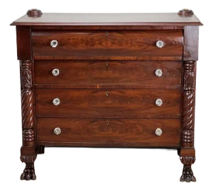 Antique Late Federal Period Flame Mahogany Paw Foot Four Drawer Chest C. 1840