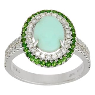 14k White Gold Diamond & Green Opal Chrome Diopside Cabochon Ring, 8 For Sale
