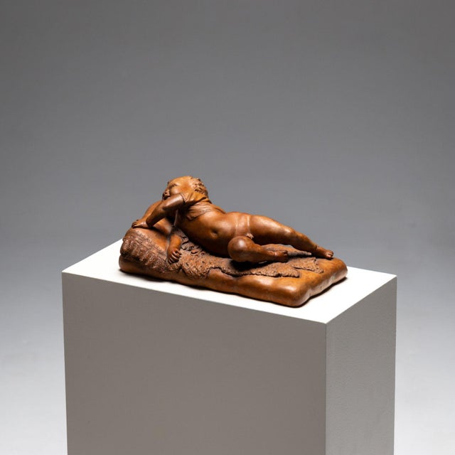 Brown Reclining Infant in Terracotta by F. Sans For Sale - Image 8 of 16
