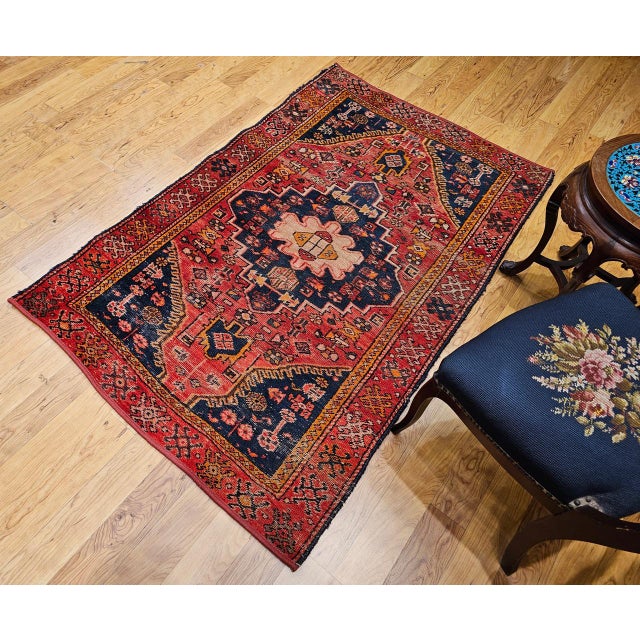 Red Vintage Persian Malayer Area Rug, Hand-Knotted Wool, Geometric Tribal Pattern, 4x6, Red & Blue For Sale - Image 8 of 16