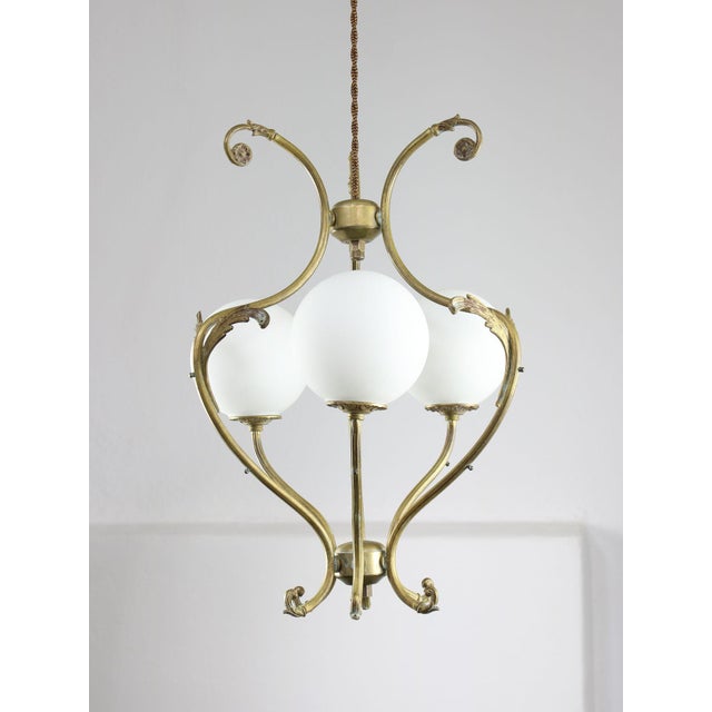 Mid-Century Modern Antique Italian Brass and Opaline Chandelier For Sale - Image 3 of 17