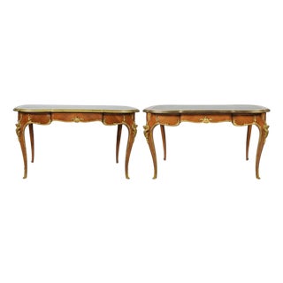 Pair of Mid 20th Century Louis XV Style Black Leather-Top Writing Desks With Figural Gilt Mounts For Sale