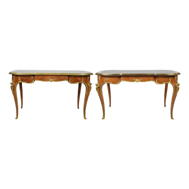 Pair of Mid 20th Century Louis XV Style Black Leather-Top Writing Desks With Figural Gilt Mounts For Sale