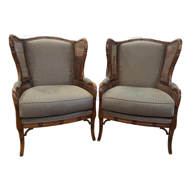 Pair Ethan Allen Faux Bamboo Cane Wingback Chairs For Sale