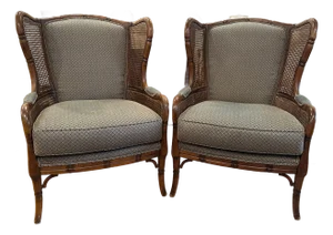 Pair Ethan Allen Faux Bamboo Cane Wingback Chairs