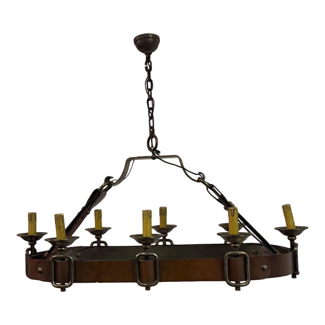 French Leather and Iron Chandelier, 1950s For Sale - Image 11 of 11