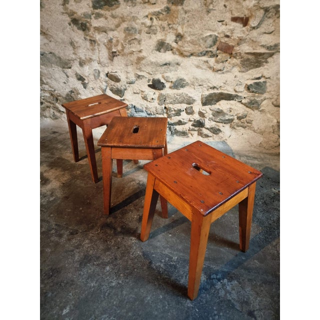 1950s Vintage French Wooden Stools, 1950s, Set of 3 For Sale - Image 5 of 15