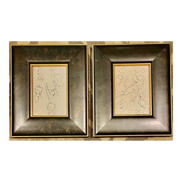 2 1940’s Original Modernist Nude Studies Ink Drawings Framed-Set of 2 For Sale