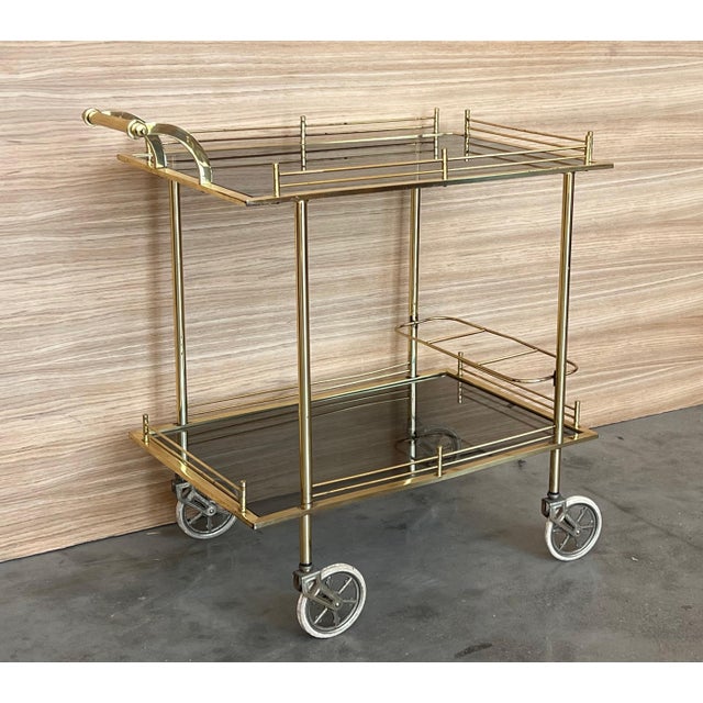 Art Deco Mid 20th Century Art Deco Brass Dry Bar Cart with Smoked Two Tier Glass For Sale - Image 3 of 18