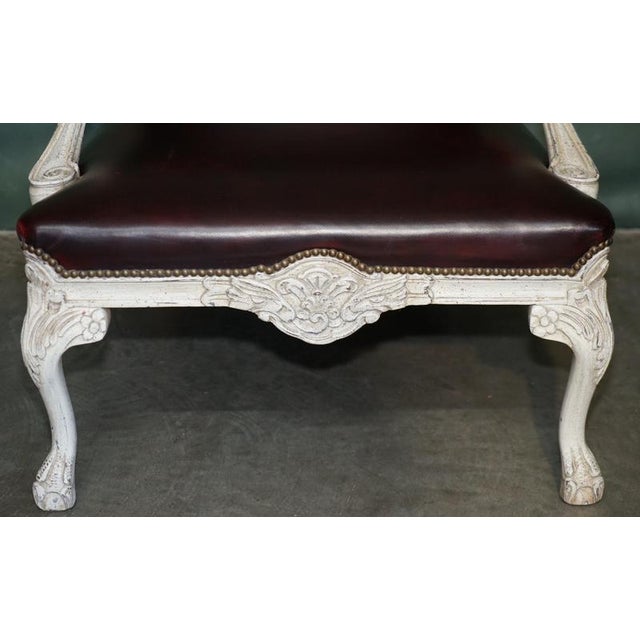 Vintage French Louis XV Style Oxblood Leather Armchair with Painted Frame For Sale - Image 9 of 18