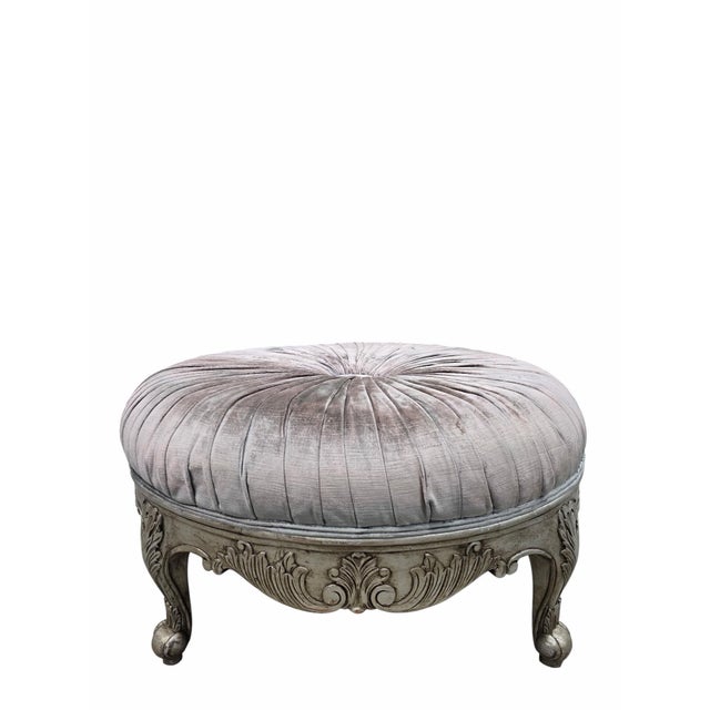 Modern Hollywood Regency Carved Round Ottoman For Sale - Image 3 of 7