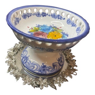 Vestal Hand Painted Ceramic Pedestal 7” Bowl From Alcobaca Portugal For Sale