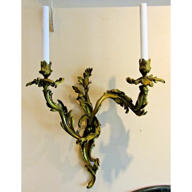 Late 19th Century Antique French 19th Century Louis XV Gilt Bronze Two Light Wall Sconces - a Pair For Sale - Image 5 of 18