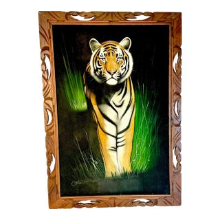 1950s Vintage Boho Chic Mexican Safari Bengal Tiger Painting For Sale