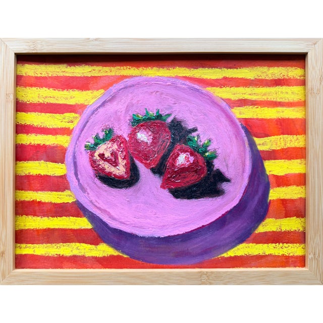 This original acrylic and oil pastel painting on paper features a stylized plate of strawberries rendered in a modern...