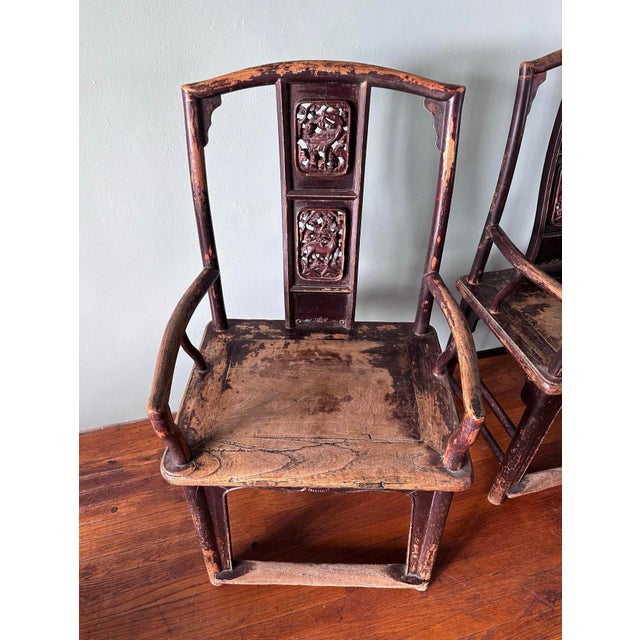 19th Century Chinese Hand Carved Wood High Back Arm Chairs For Sale In Los Angeles - Image 6 of 8
