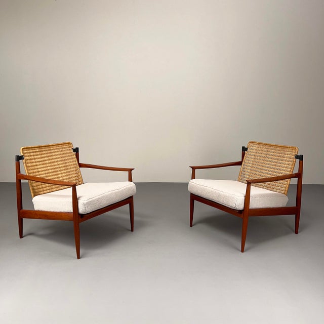 Set of Teak Armchairs with Rattan Backrests & Bouclé Covers by Carl Straub / Goldfeder, Germany 1960s For Sale - Image 15 of 15