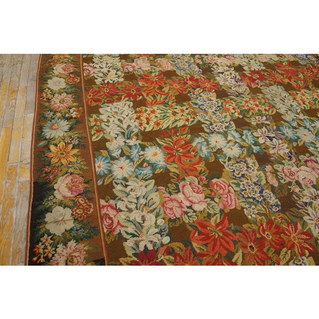 Victorian 1860s Green Olive Floral Antique English Needlepoint Rug 8'6" X 9'8" Flatweave Wool Carpet For Sale - Image 3 of 10