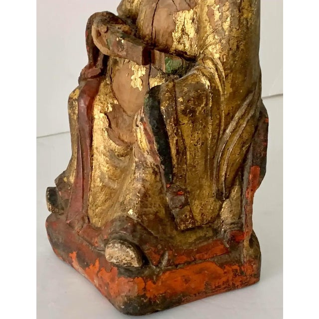 Antique Chinese Giltwood Scholar Figure – Ming/Qing Dynasty Figurine For Sale - Image 9 of 12