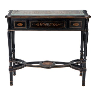 Late 20th Century Ebony Sliver Table with Single Drawer & Beveled Glass Top For Sale