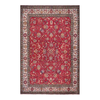 Vintage Retro Tabriz Red/Beige Wool Rug - 10'1'' X 13'1'' For Sale