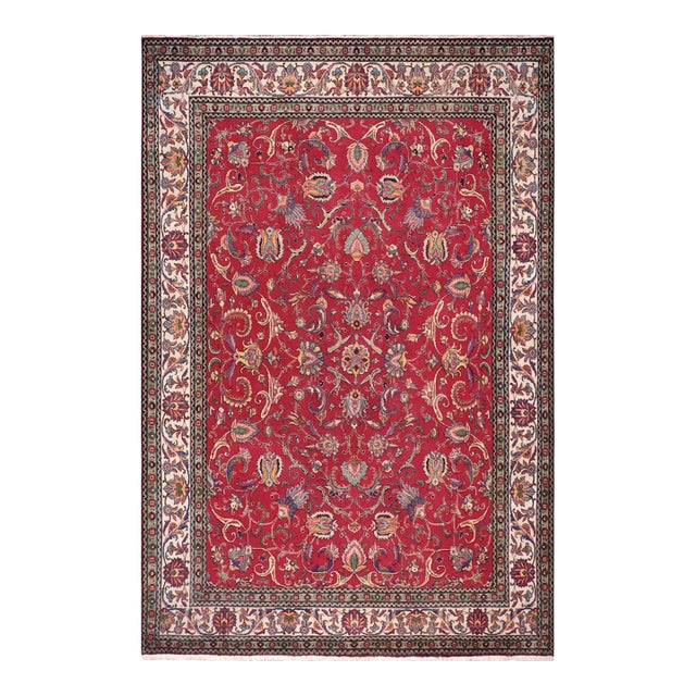 Vintage Retro Tabriz Red/Beige Wool Rug - 10'1'' X 13'1'' For Sale