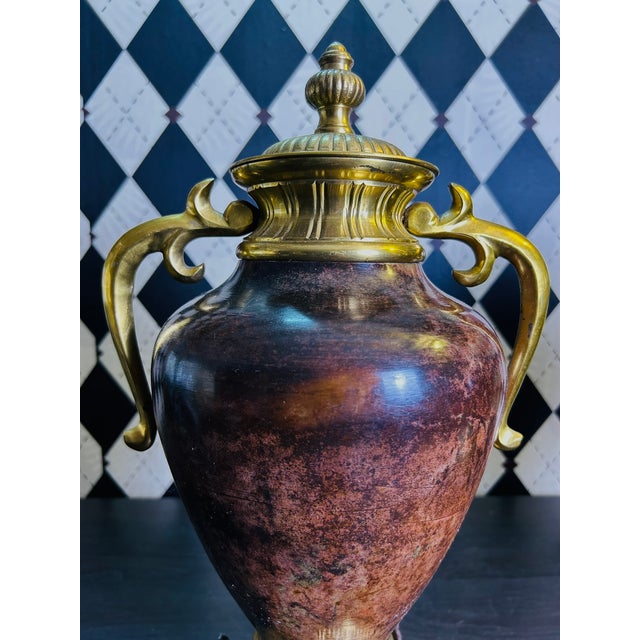 1970s 1970s Grand Neoclassical Patinated Metal Urns With Gilt Scroll Handles, Pair, 16" For Sale - Image 5 of 15