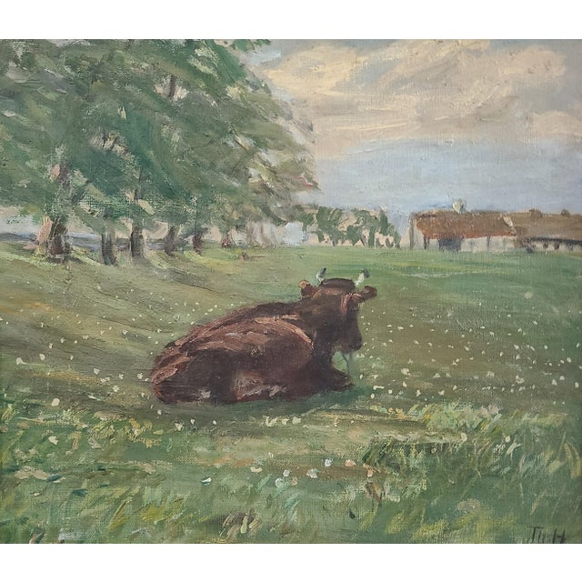 Small antique oil painting depicting a cow sitting in a tree-lined meadow with a farmhouse off in the distance. Original...