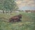 Small antique oil painting depicting a cow sitting in a tree-lined meadow with a farmhouse off in the distance. Original...