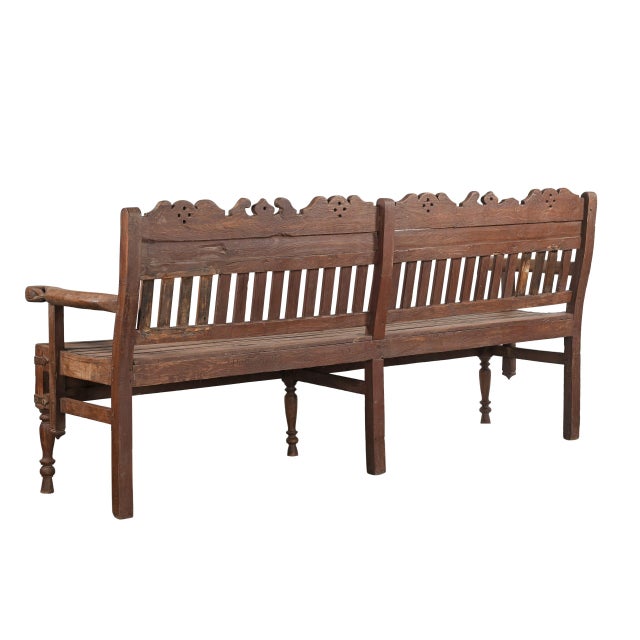 Vintage Indian Spanish Colonial Territorial Style Carved Teakwood Bench For Sale - Image 4 of 4