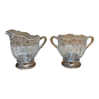 Vintage Sterling Silver and Etched Glass Creamer and Sugar Set For Sale