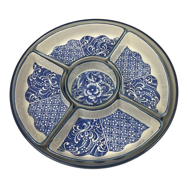 1980s Blue and White Crudités Platter For Sale