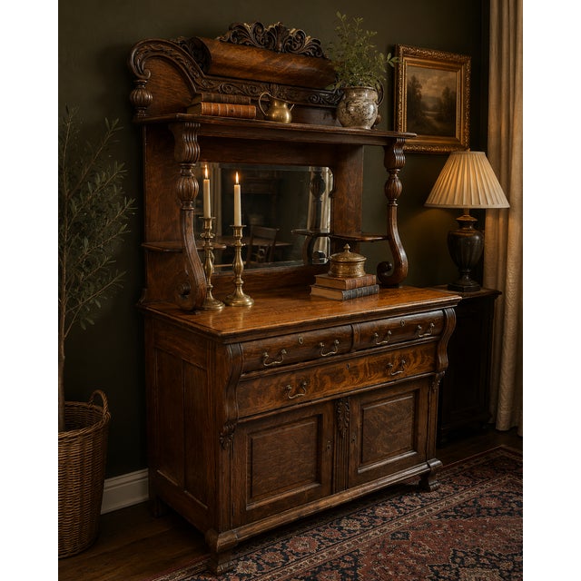 A striking example of late 19th-century craftsmanship, this 1890s tiger oak hutch showcases the bold grain patterns and...