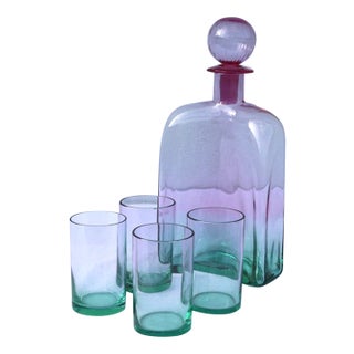 Mid Century Carlo Moretti Pink and Green "Watermelon" Glass Decanter and Small Rocks Cocktail Glasses Set of 5 For Sale