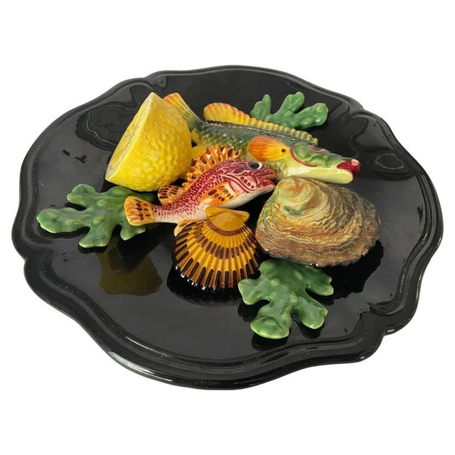Majolica Fish Ornamental Plate Salins in Black, Yellow and Red, 1960s For Sale - Image 9 of 9