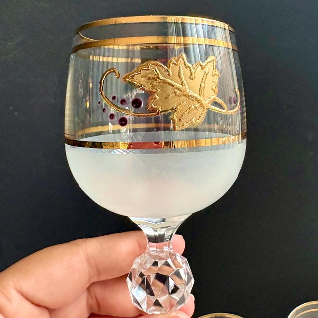 Vintage Bohemia Crystal Wine Glasses – Crystalex Boc47 Pattern – Frosted Bowl, Gold Leaf & Purple Dots – 5 1/2" Tall For Sale In Miami - Image 6 of 9