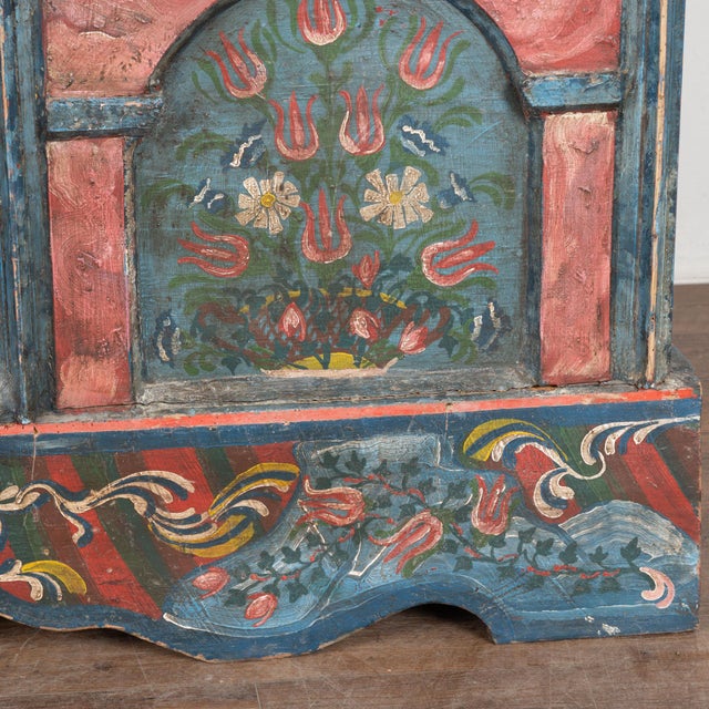 19th Century Original Blue and Red Painted Pine Large Flat Top Trunk For Sale - Image 14 of 15