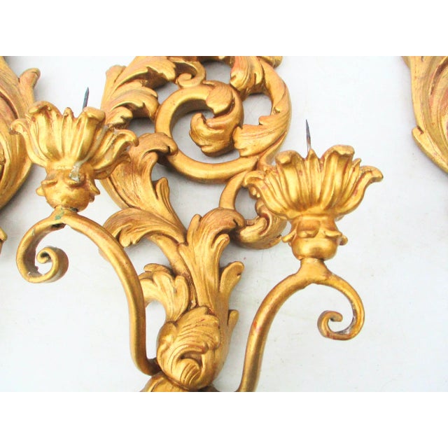 Hollywood Regency Vintage Italian Florentine Two-Candle Wall Sconces- Set of 3 For Sale - Image 3 of 12